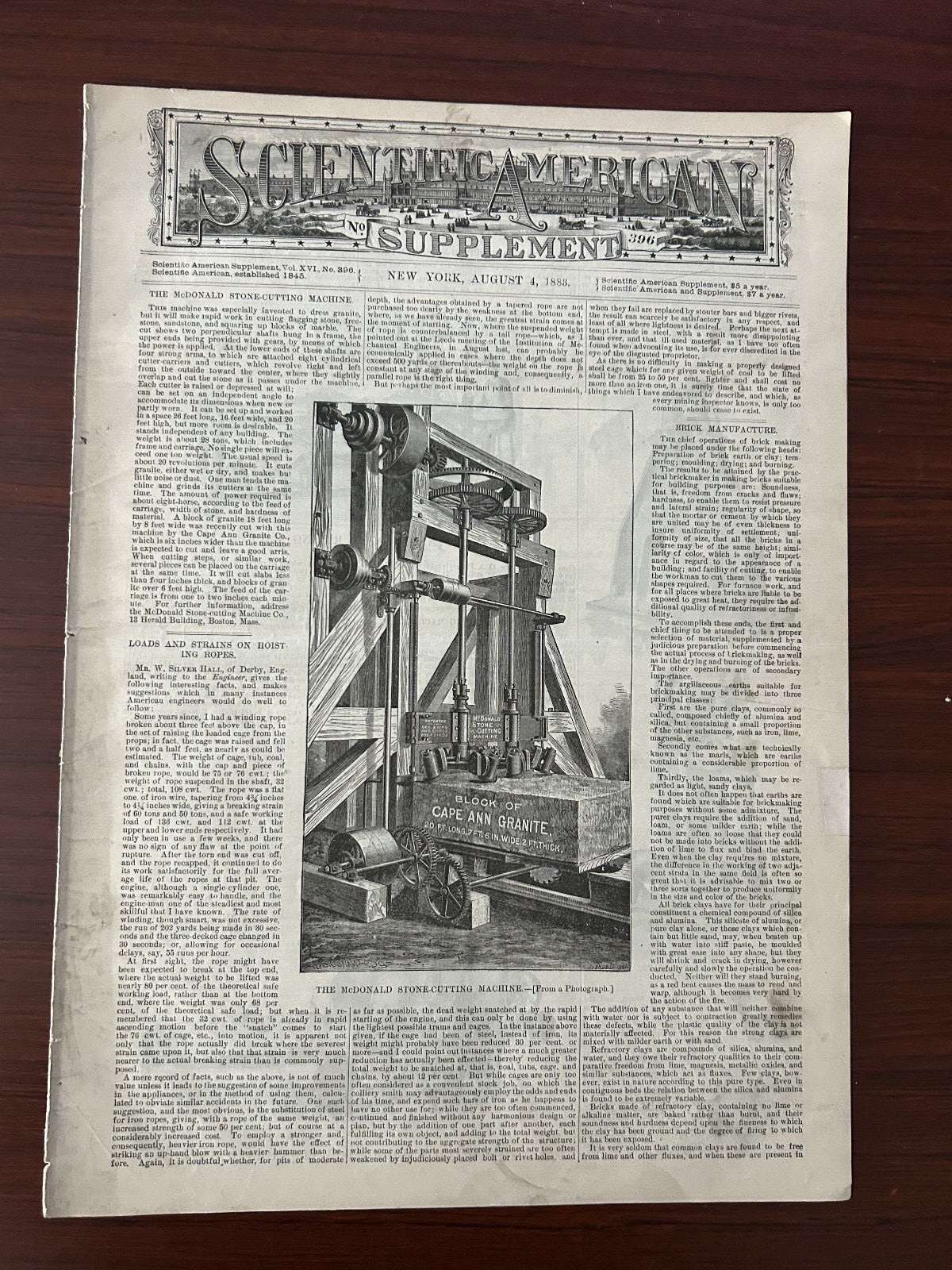 Scientific American August 4, 1883; McDonald Stone-Cutting Machine, Bricks