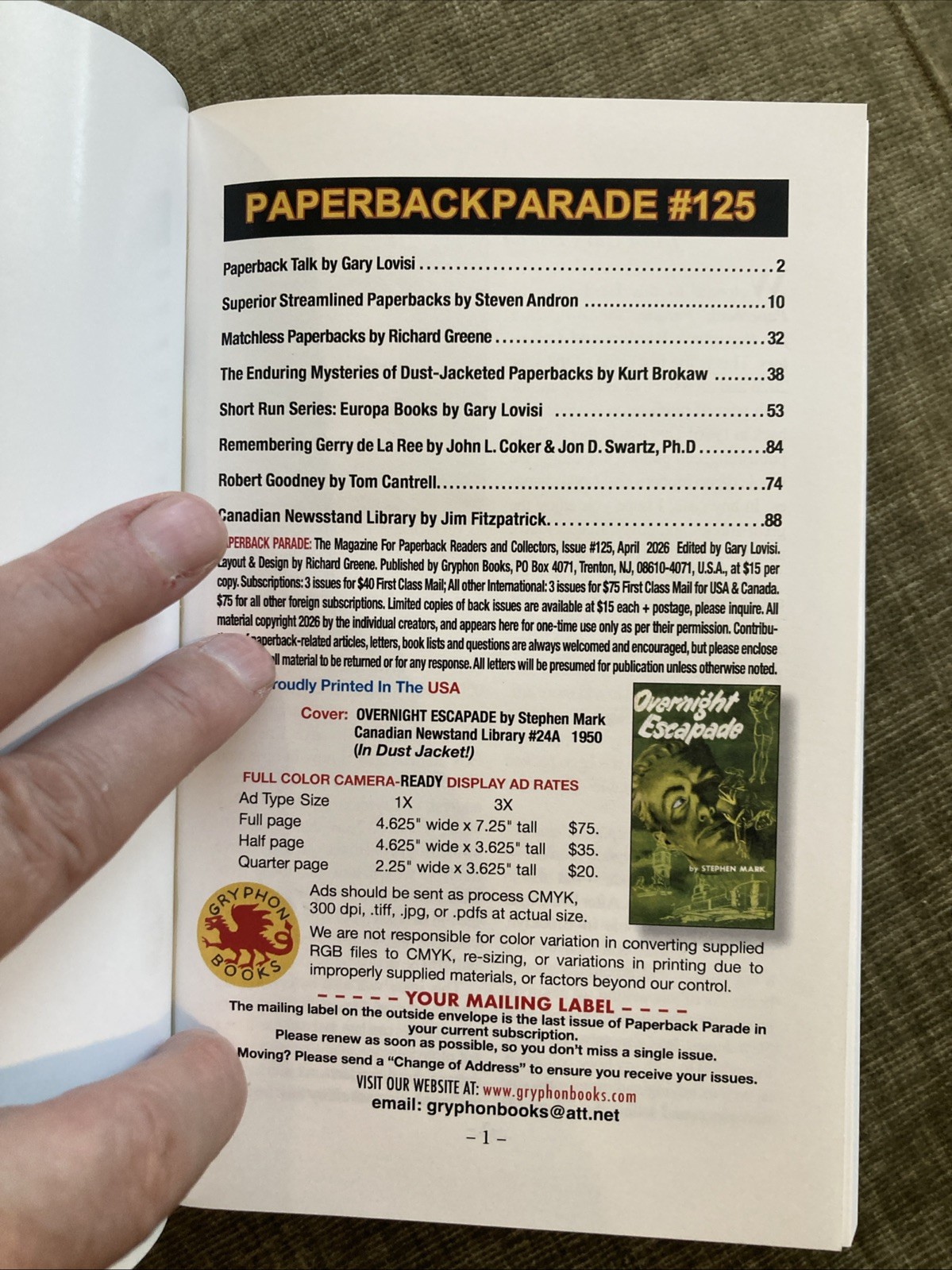 Paperback Parade 125, 4/2026, Gryphon Rare Book Collector Digest Mag, F
