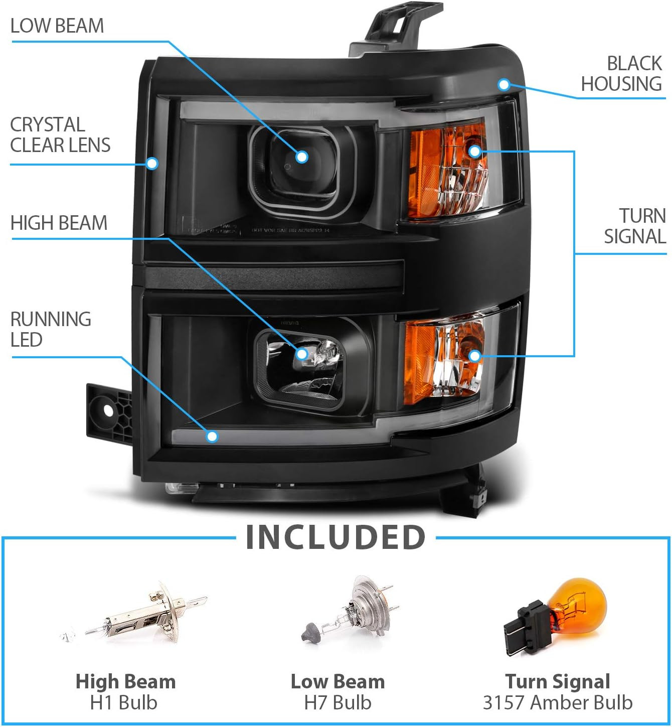 for 2014-2015 Silverado 1500 Pickup Square Projector Dual LED Tube Black Replace