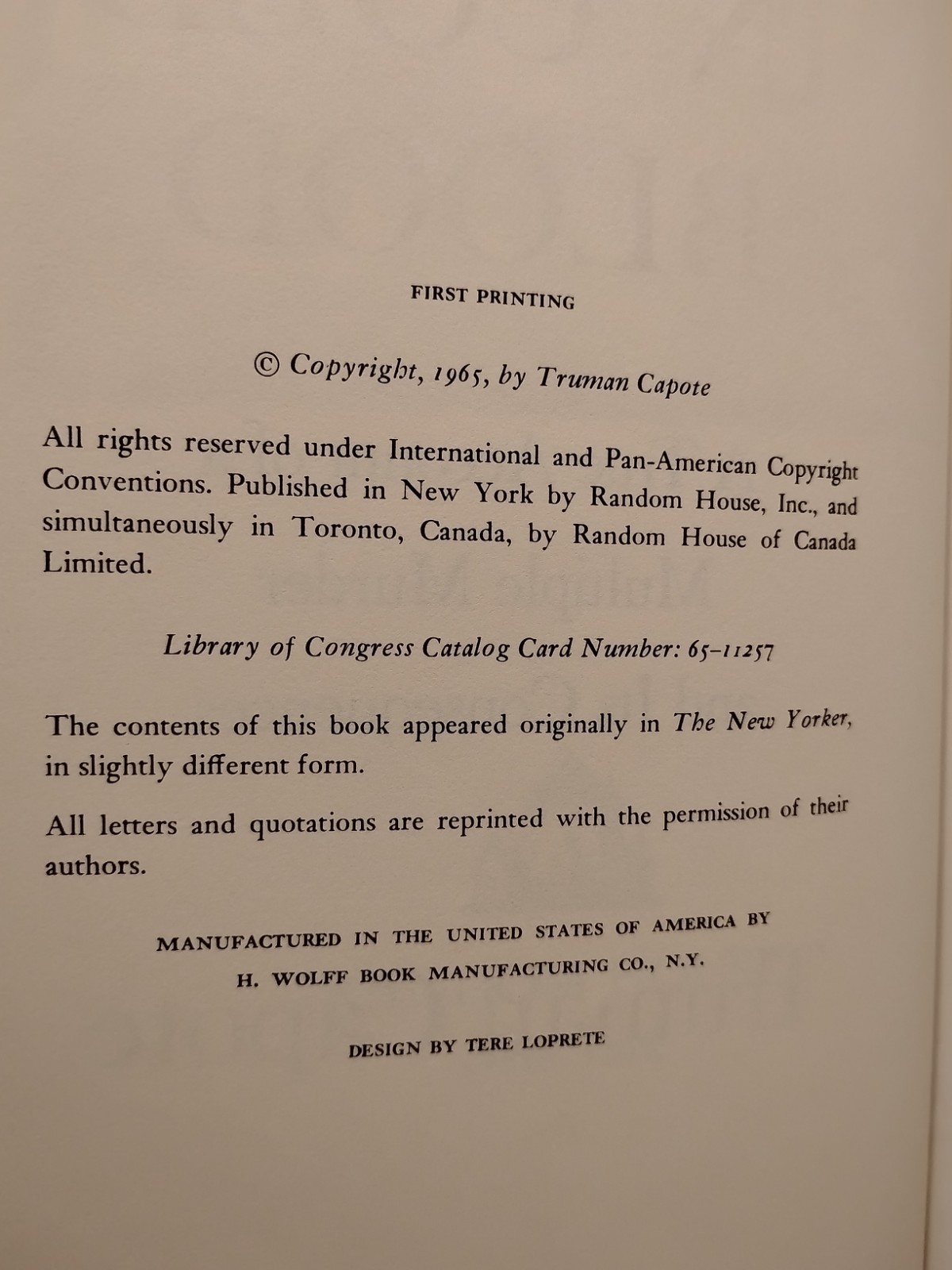 IN COLD BLOOD by Truman Capote – 1965 – 1st Edition 1st Printing BCE HCDJ