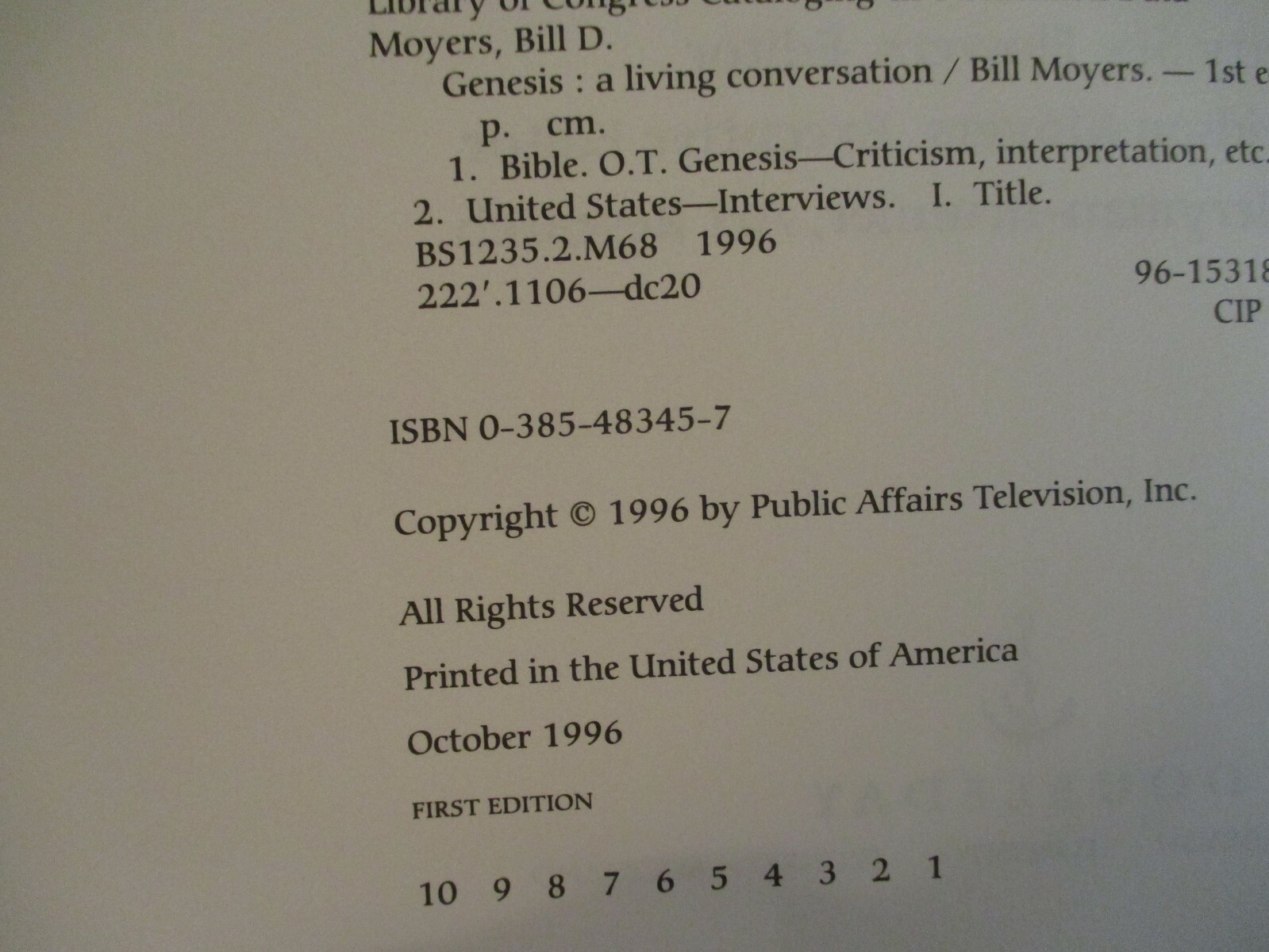 BILL MOYERS (D-June 26, 2025)Signed Book(“GENESIS”-1996 First Edition Hardback