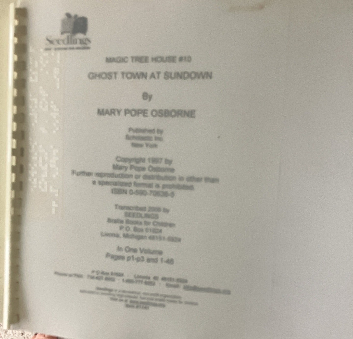 Braille Book: Magic Tree House “Ghost town at Sundown” Old braille form
