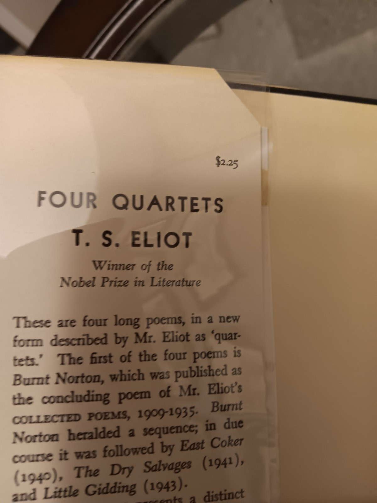 T S Eliot / FOUR QUARTETS 1st Edition 1943 HCDJ Early Printing