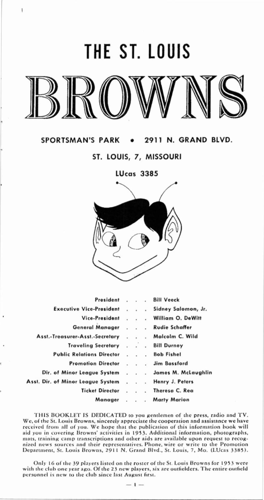 1953 St. Louis Browns Orioles Media Guide Roster – 44-page Baseball Reprint