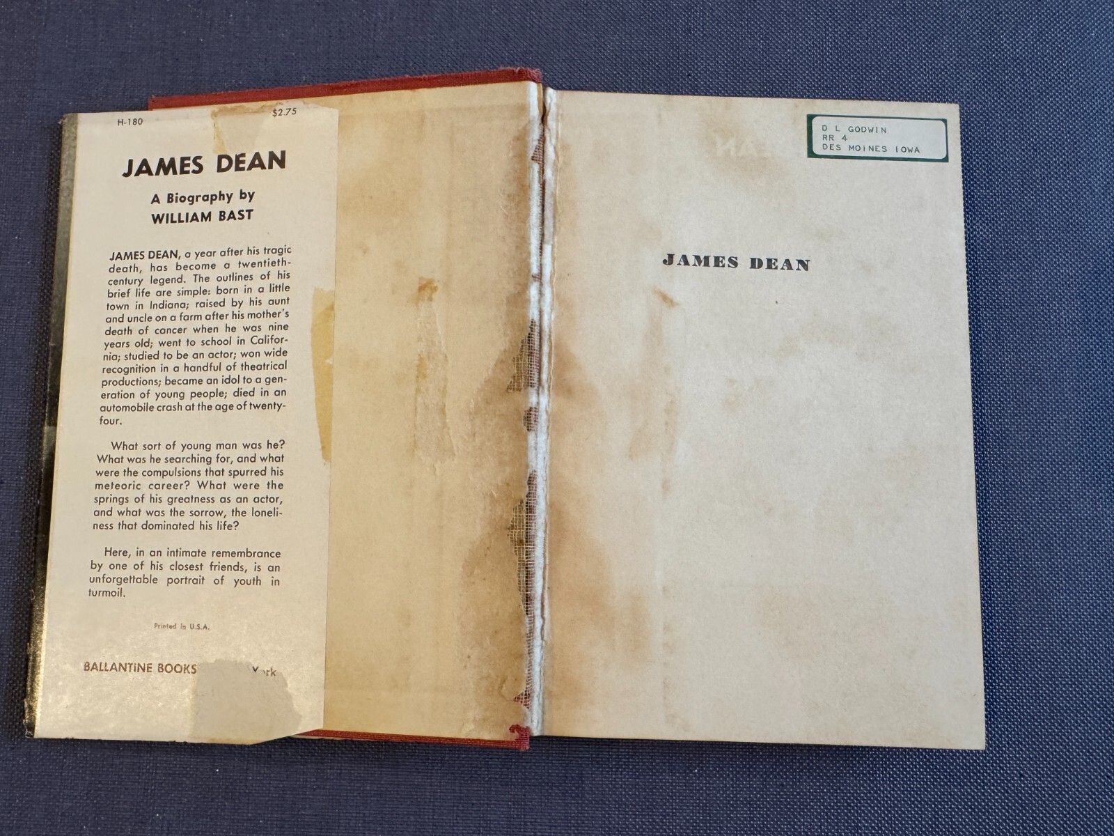 James Dean: A Biography by William Bast 1956 1st Edition Ballantine Books HC DJ