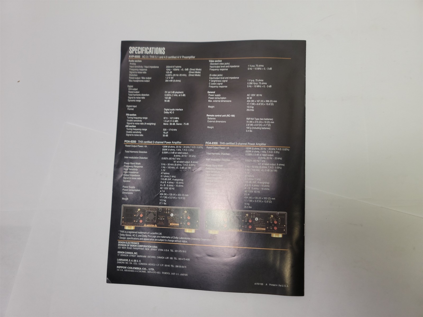 1990’s Denon Lucasfilm THX AVP-8000 / POA-8300 / POA-8200 Brochure & Specs