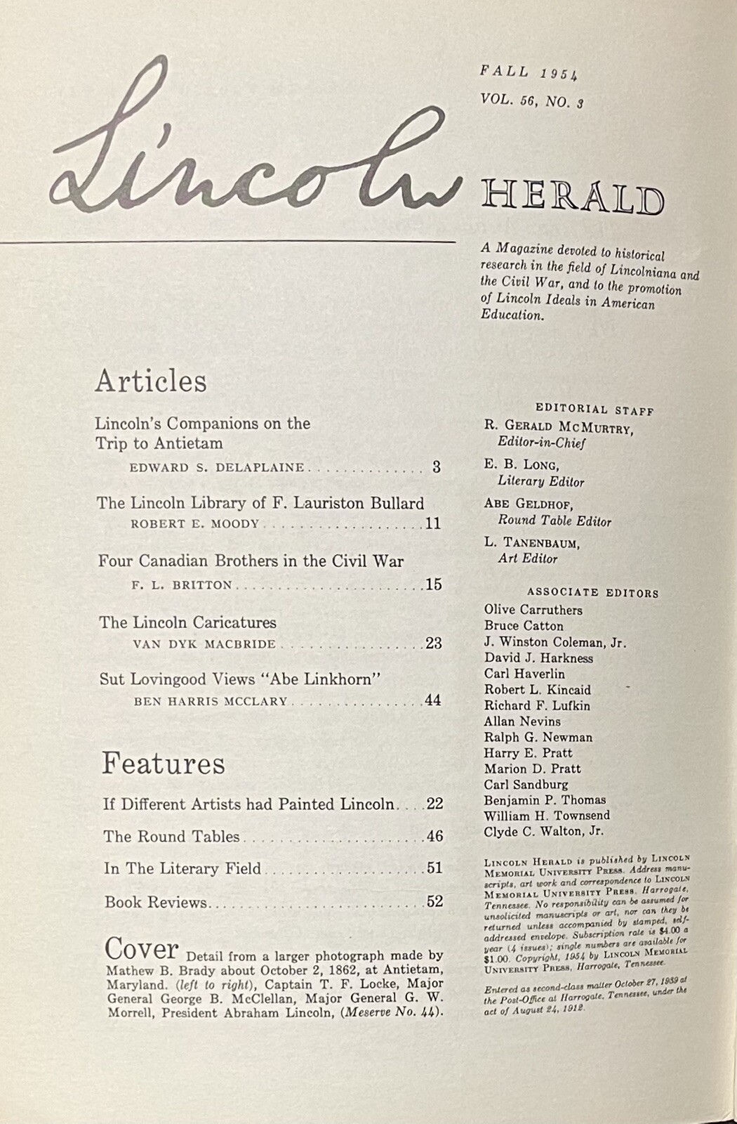 Lincoln Herald Magazine Fall 1954 58 pages w/Volck Caricatures of Lincoln