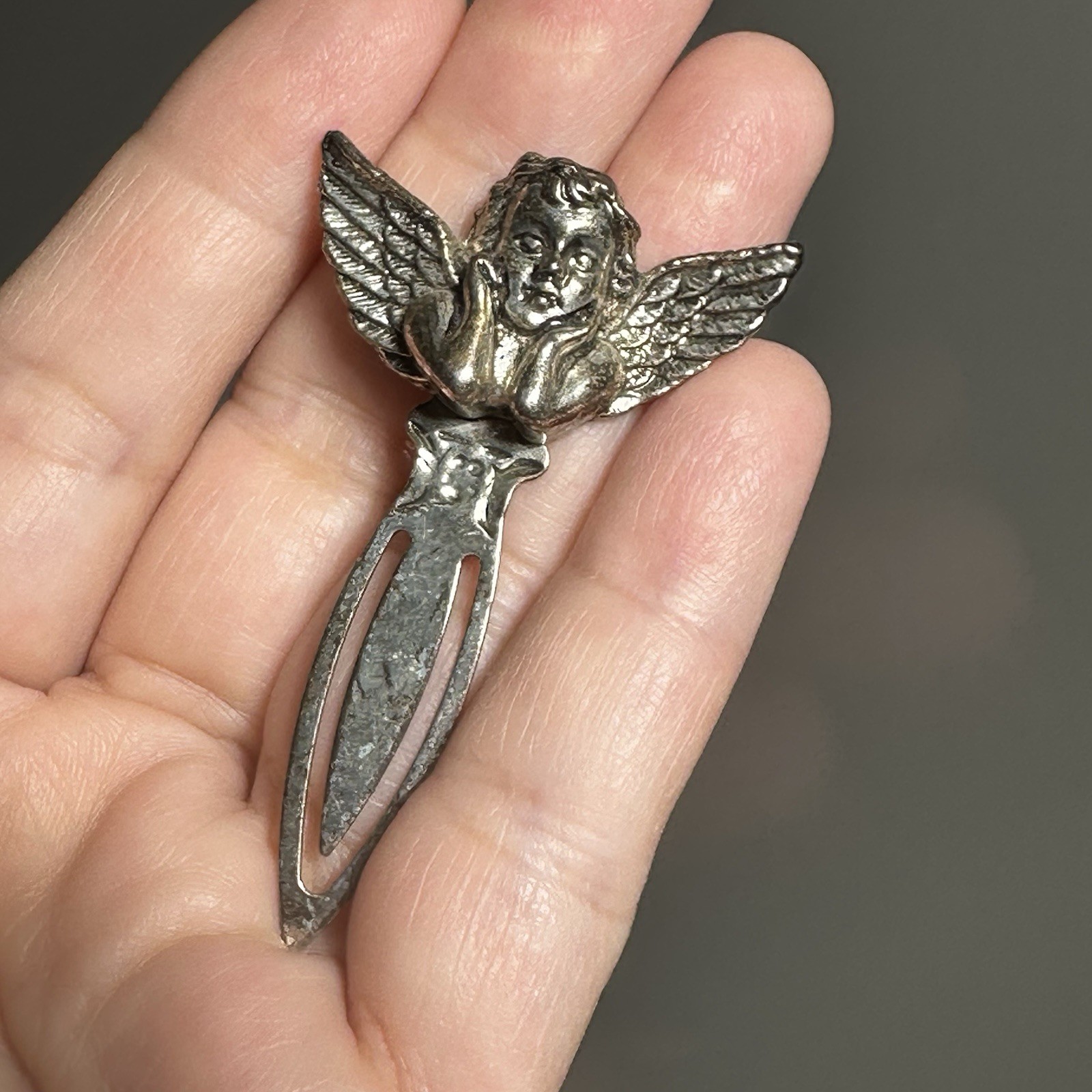 Vintage Silver Angel Cherub Bookmark 2.25 In Patina Wear Scratches