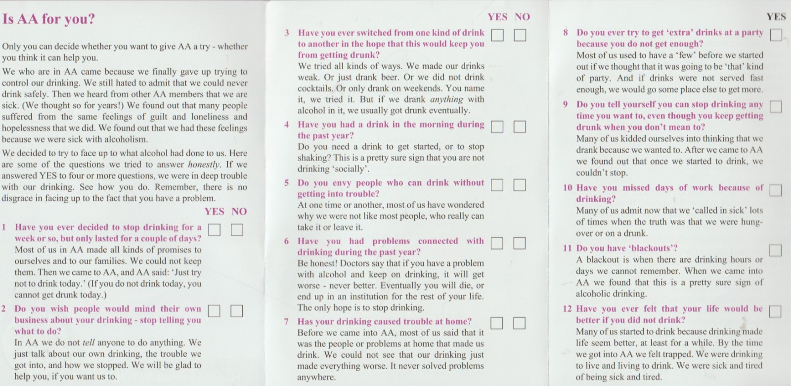 Three new Alcoholics Anonymous leaflets, 2 single-fold, 1 bi-fold, Great Britain