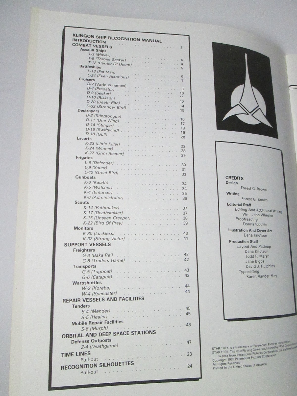 STAR TREK Klingon Ship Recognition Manual 1985 Book Imperial Navy RPG Fleet FASA
