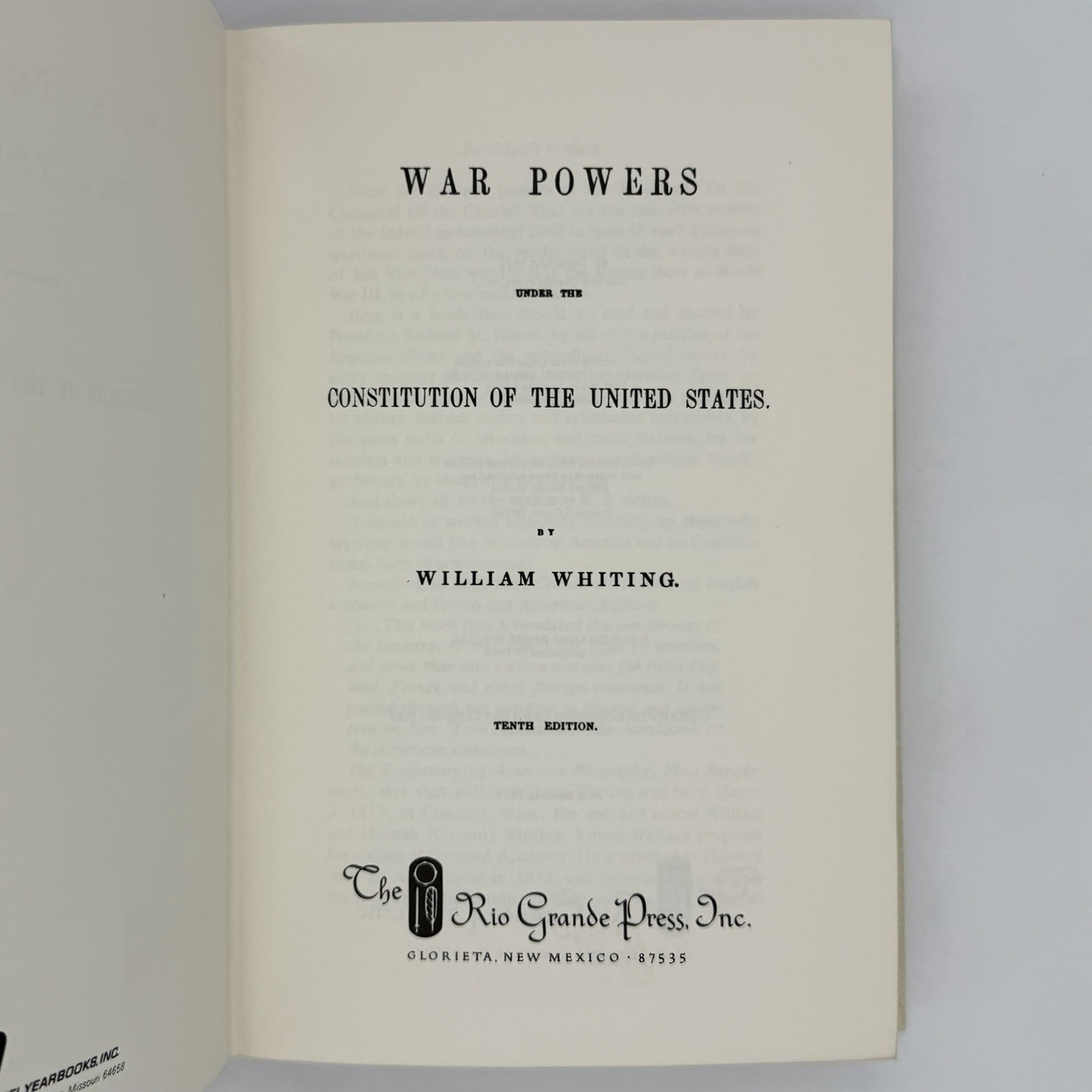 War Powers Under the Constitution – William Whiting (Rio Grande, 1971) 1st print