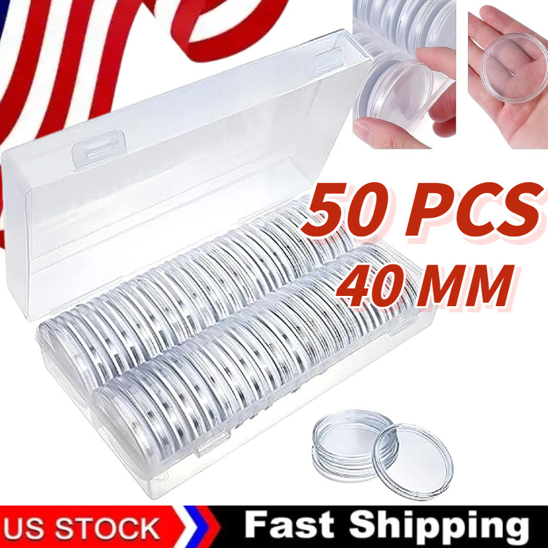 50PCS*40mm Coin Capsules Round Plastic Coin Holder White gaskets with Case Box🔥