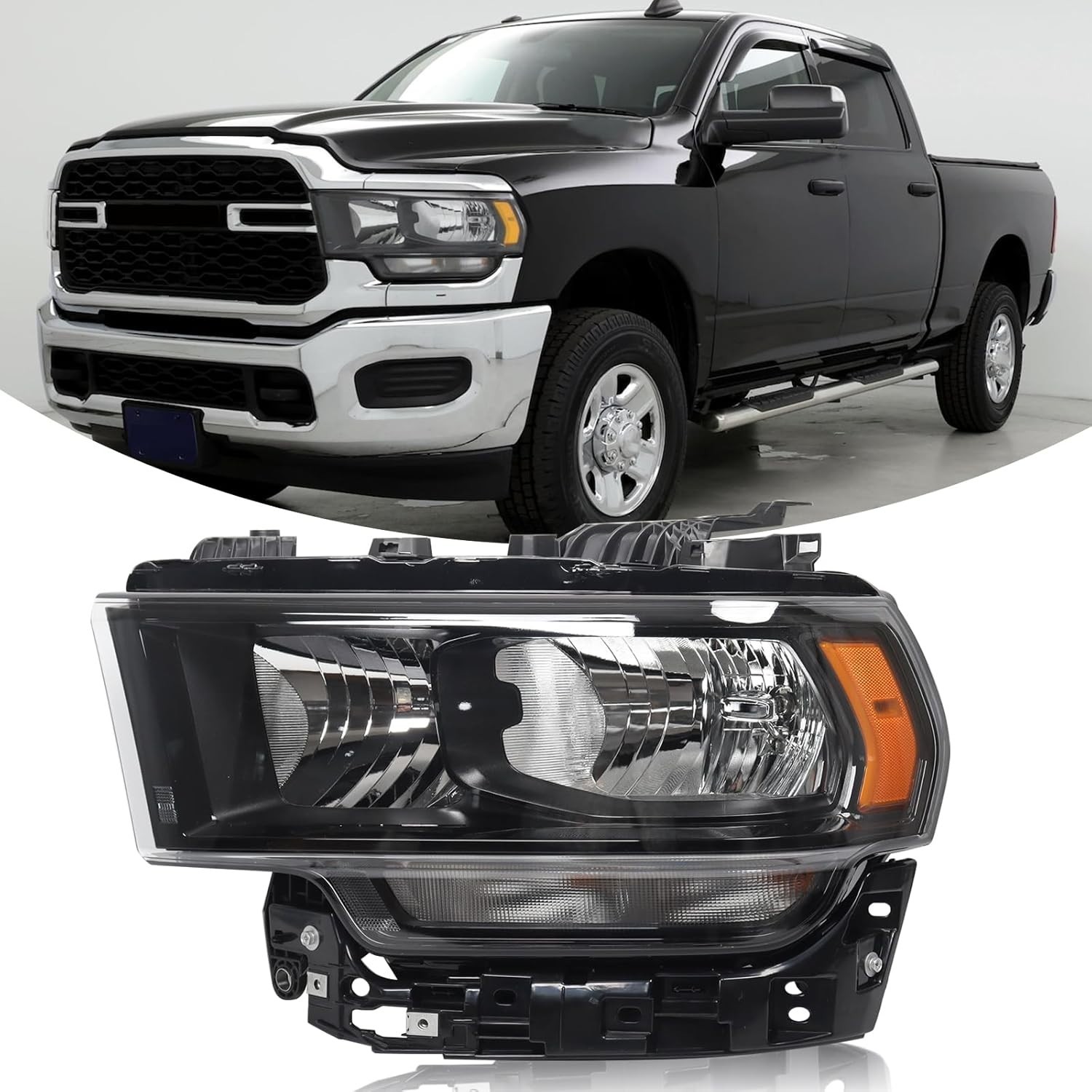 Black Headlights Assembly Compatible with 2019-2024 Dodge Ram 2500 3500 Headlamp