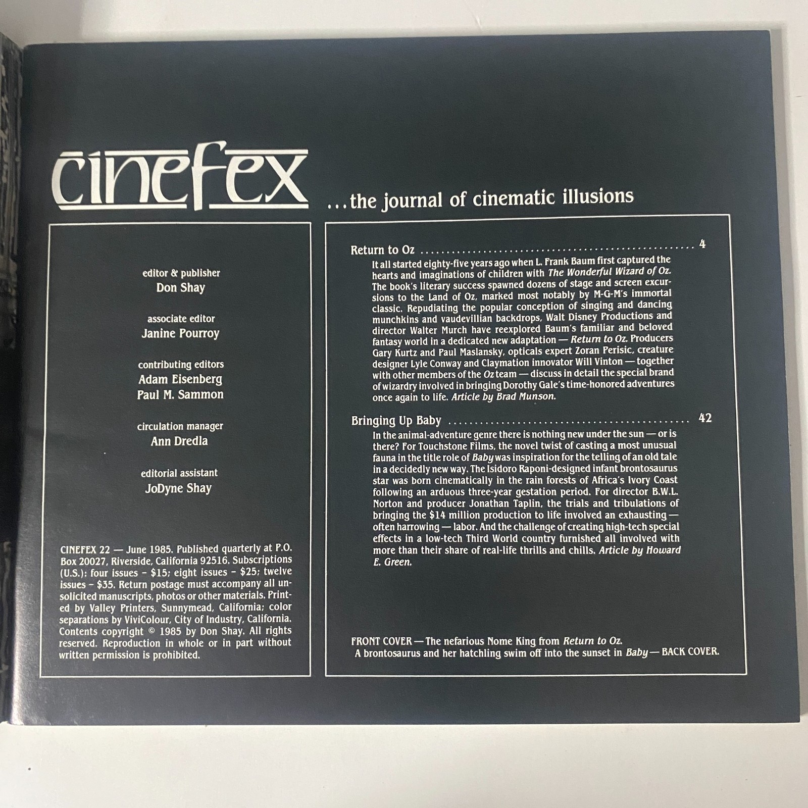 Cinefex Magazine June 1985 No. 22 Return to Oz Nome King Near Mint NM