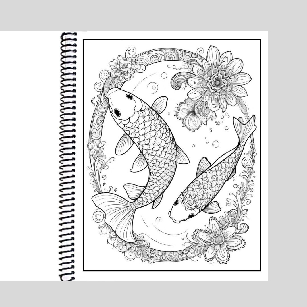 Koi – Spiral Bound Adult Coloring Book – Thick Artist Paper – 50 pages
