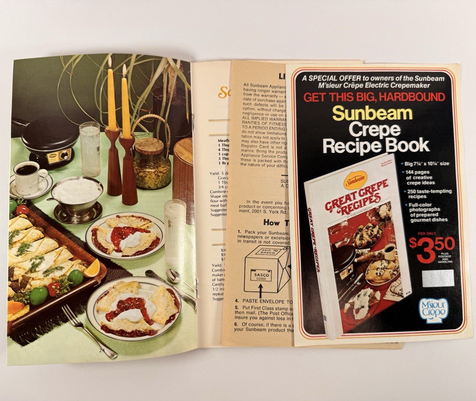 Vintage Sunbeam M’sieur Crêpe Electric Crepemaker Manual & Recipes 1976