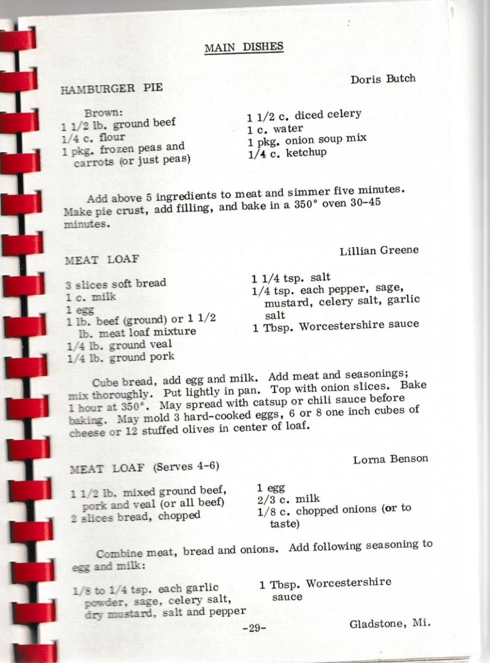 MEMORIAL UNITED METHODIST CHURCH WOMEN 1978 COOKBOOK Gladstone MI 161 pages