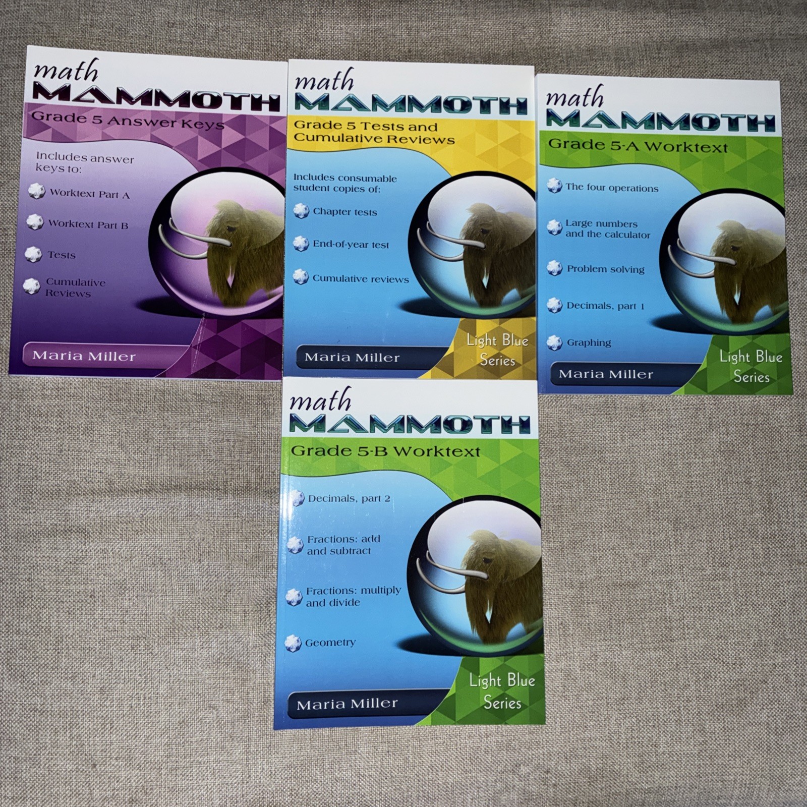 Math Mammoth Grade 5: 5A, 5B Worktext, Tests & Cumulative Review,Answer Keys x4