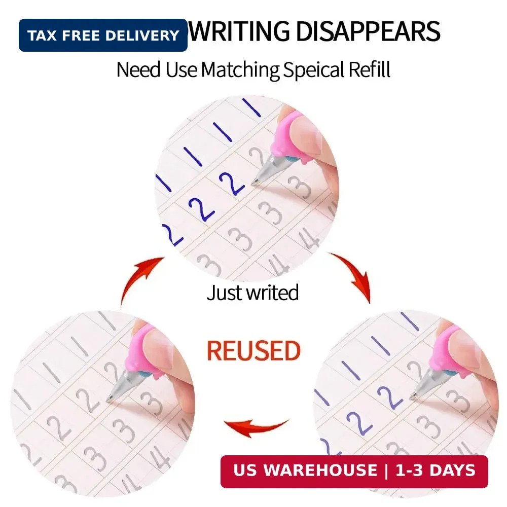 4 in 1 Reusable Grooved Writing Practice Books, Magic Ink Auto-Erase Handwriting