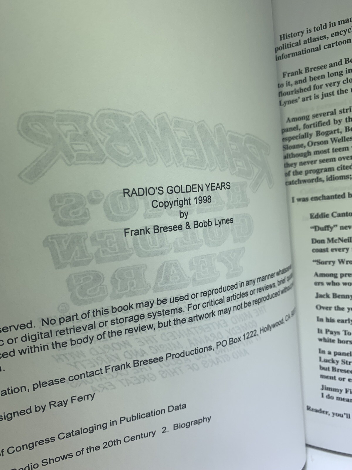 Radio’s Golden Years Shows Stars Book Frank Bresee Bobb Lynes 264 Pages 1999 NOS