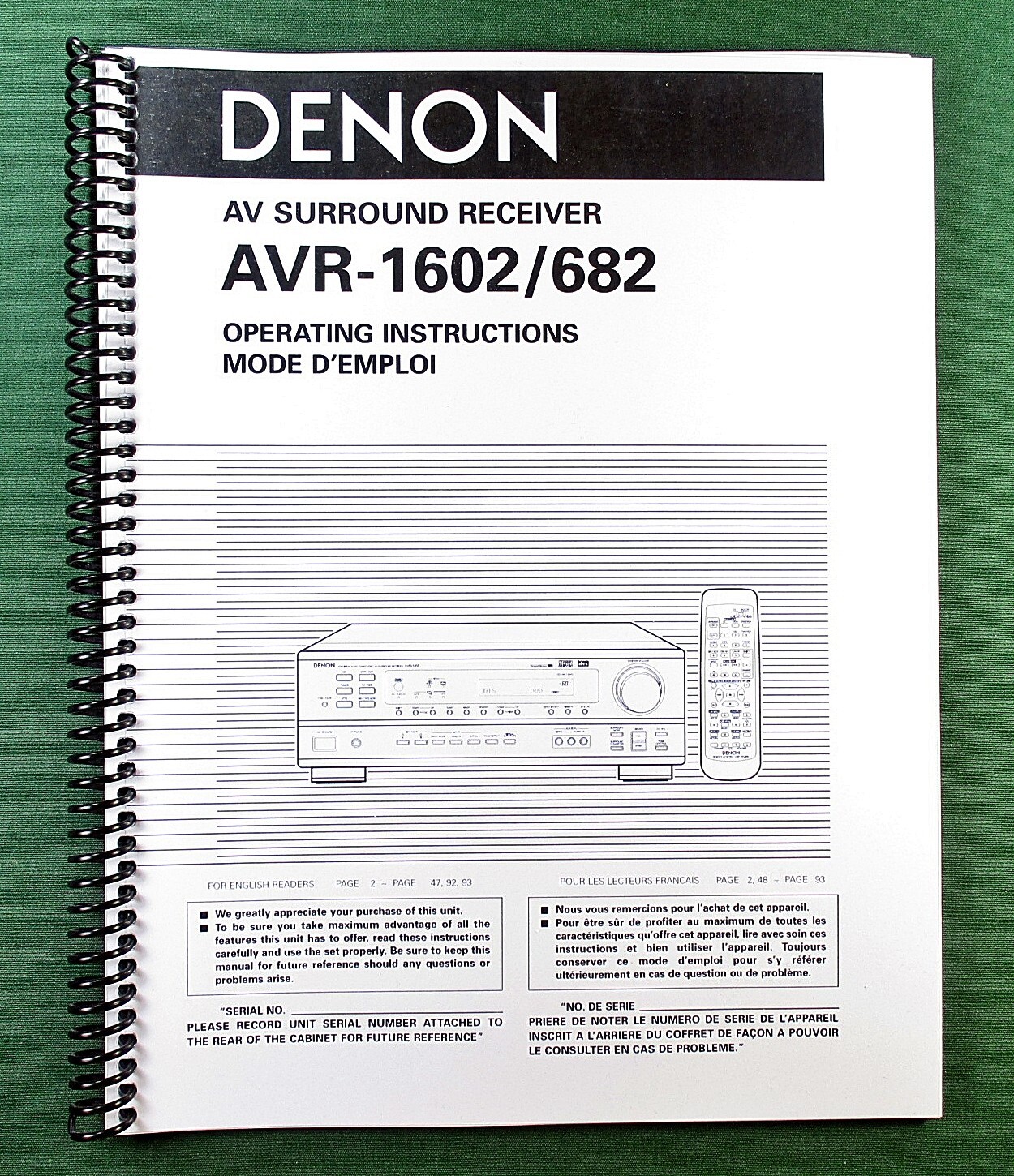Denon AVR-1602 Instruction Manual: 47 Pages & Protective Covers!