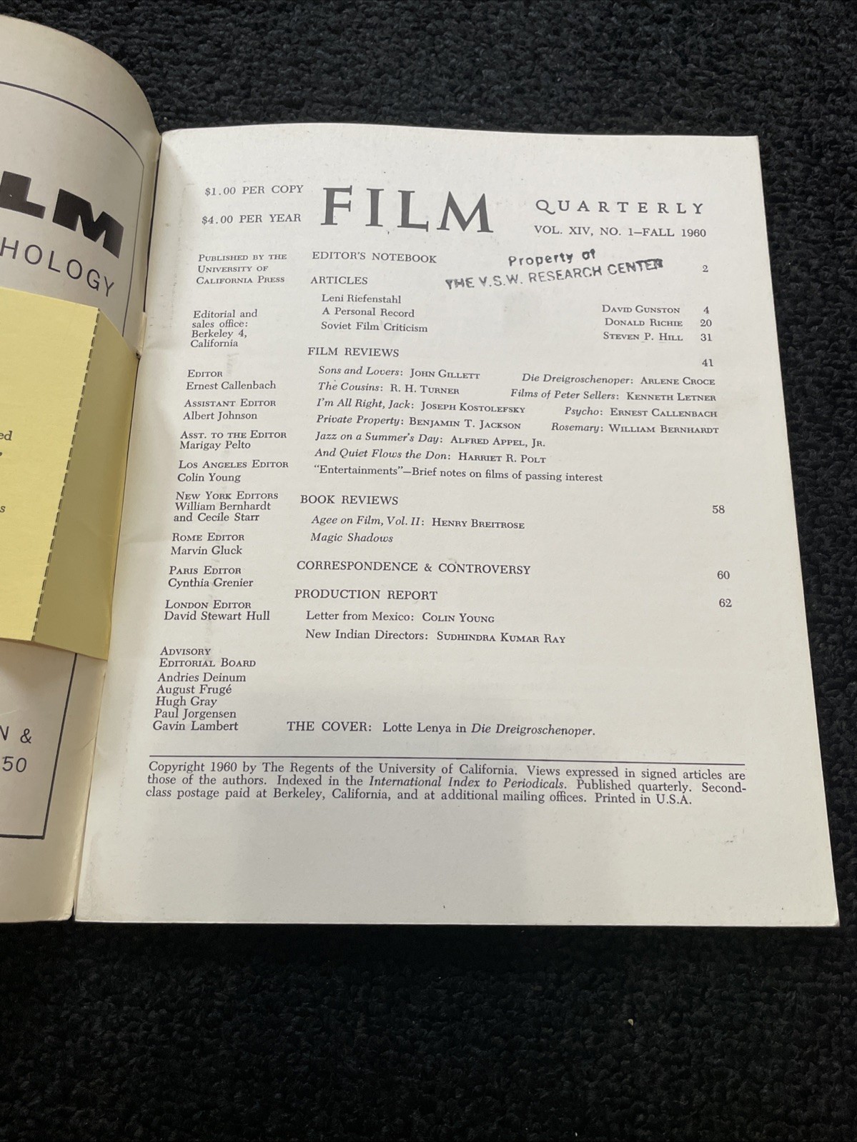 RARE Vintage 1960/1962 Lot Of 3 Film Quarterly Journals UC Press – V10