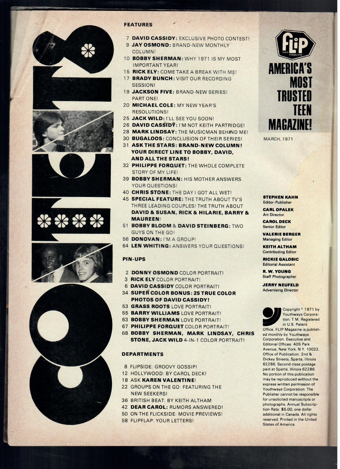 FLIP TEEN Magazine Mar. 1971 David Cassidy, Bobby Sherman, Jackson Five, More