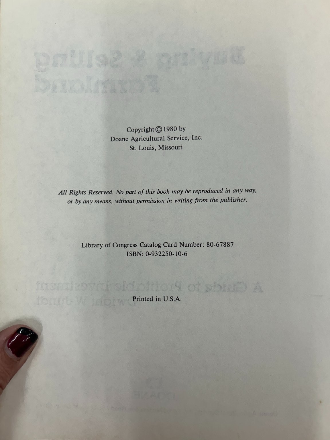 Buying & Selling Farmland Dwight W. Jundt 1980 Guide to Investment Doane