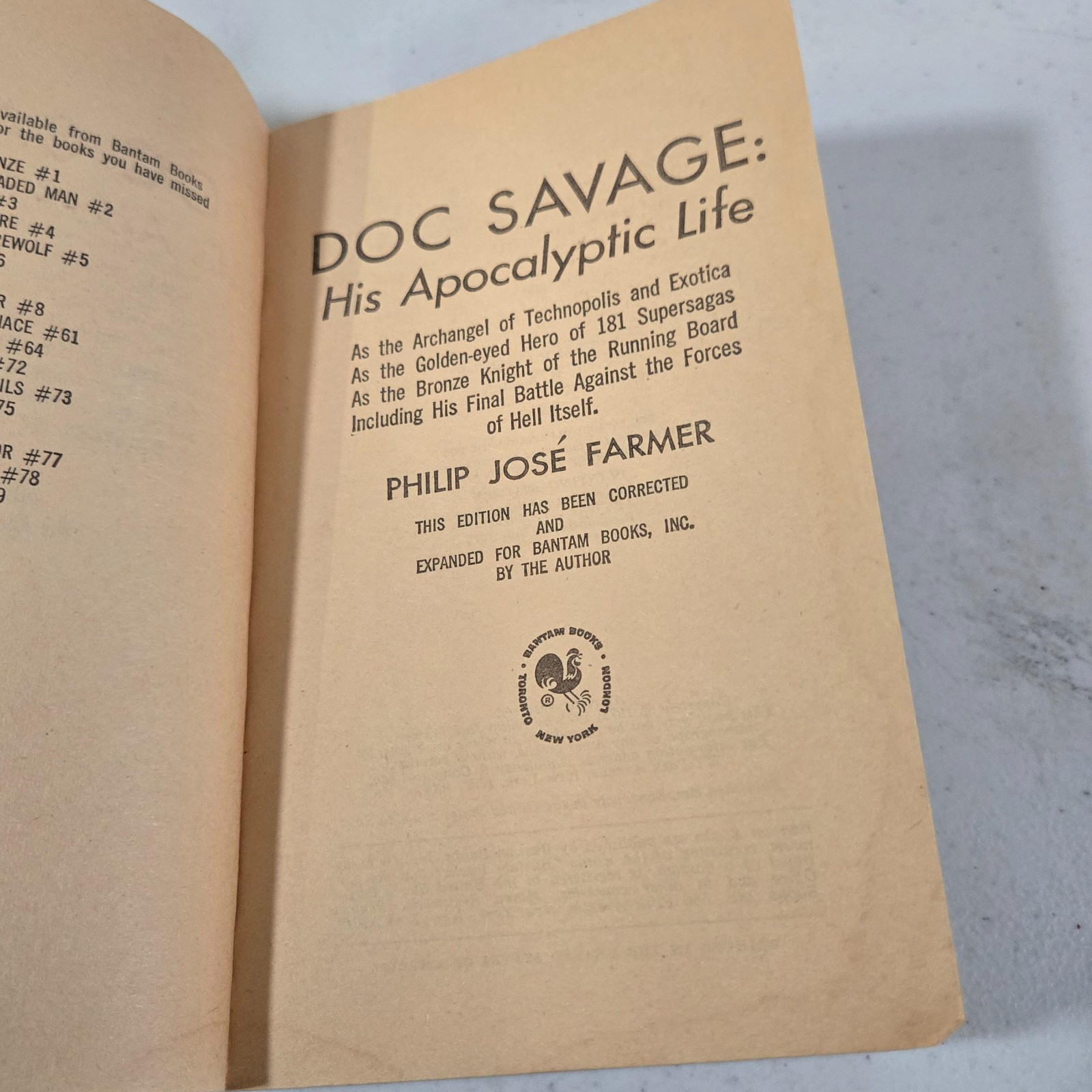 Doc Savage His Apocalyptic Life Philip Jose Farmer 1975 1st Bantam PB C1
