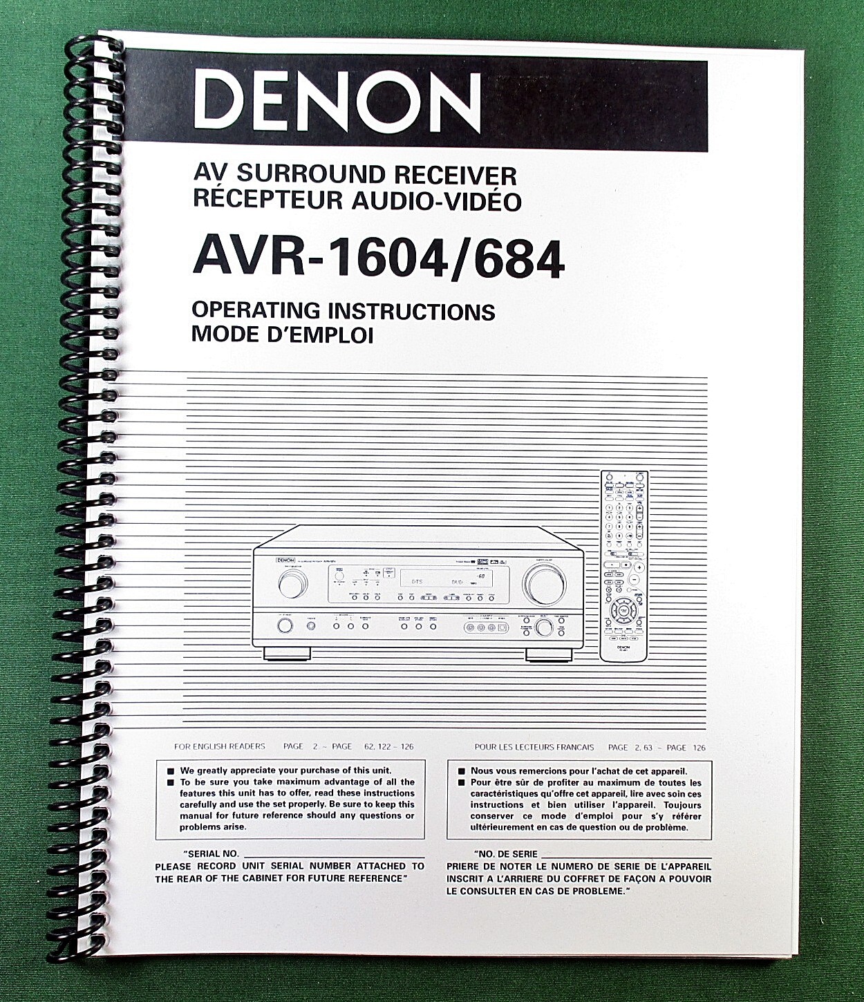 Denon AVR-1604 Instruction Manual: 62 Pages & Protective Covers!