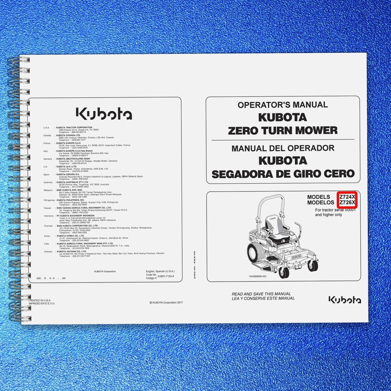 KUBOTA Z724X Z726X Zero Turn Operators Manual, BIND – FRONT & BACK – XL FOLDOUTS