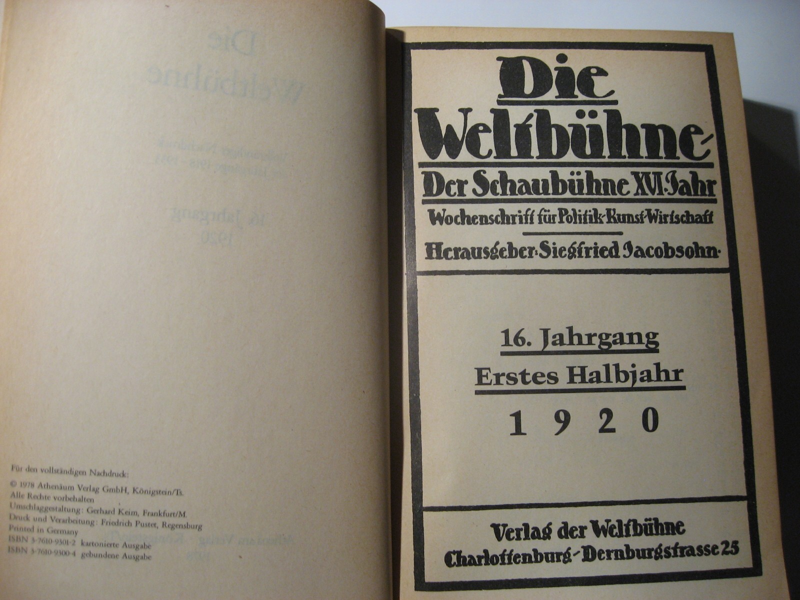 Die Weltbühne 16. Jahrgang, 1. und 2. Halbjahr 1920