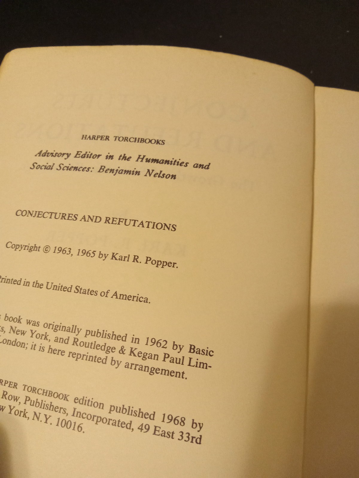 1968 Conjecture & Refutations: Growth of Science by Karl R. Popper Harper TB1376