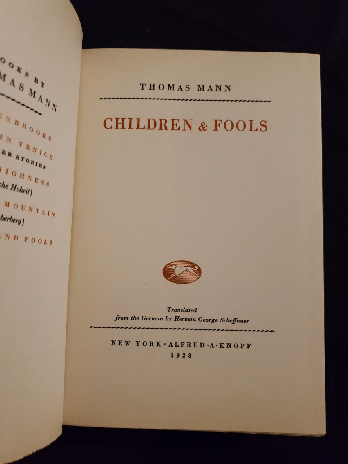 Children and Fools by Thomas Mann (Alfred A. Knopf, 1928, HCDJ)