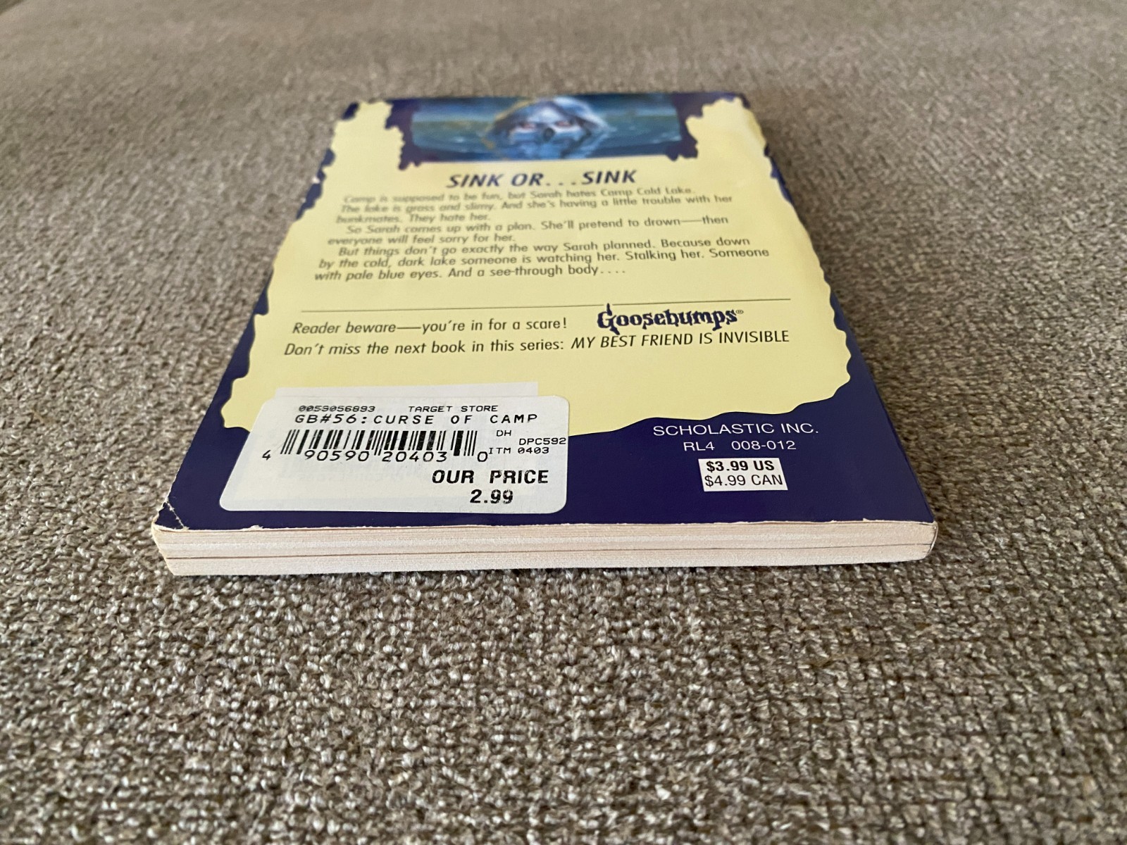 LN 1st print Goosebumps #56 The Curse of Camp Cold Lake w/att bookmark & cards