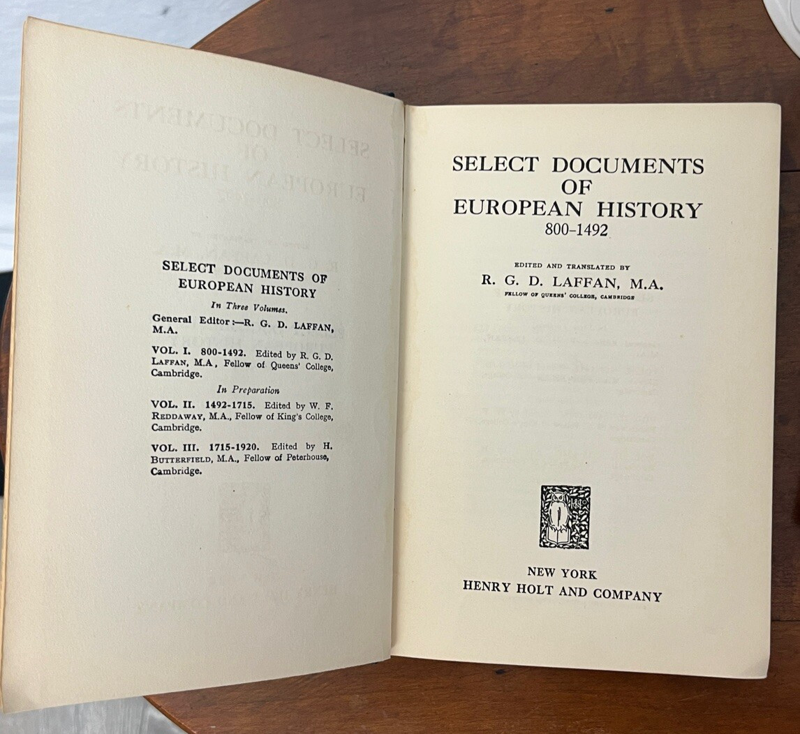 Select Documents of European History Laffan 1929 Vol 1 800-1492 Antique 20s Book