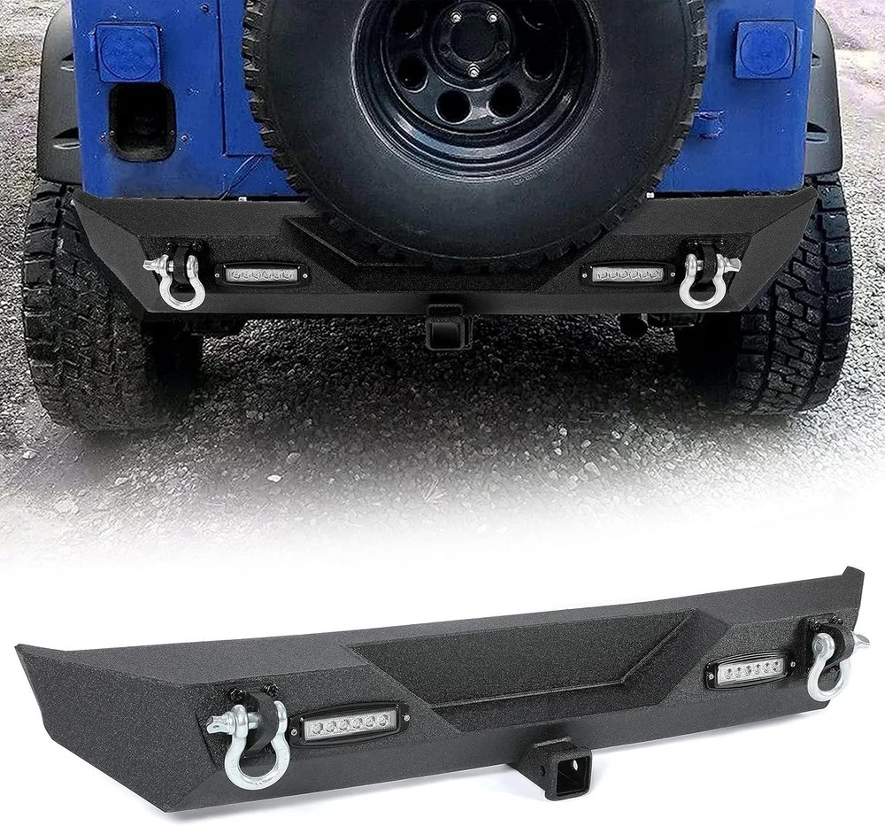 Rear Bumper Compatible with 1987-2006 Jeep Wrangler TJ YJ with LED Lights 2″ Hit