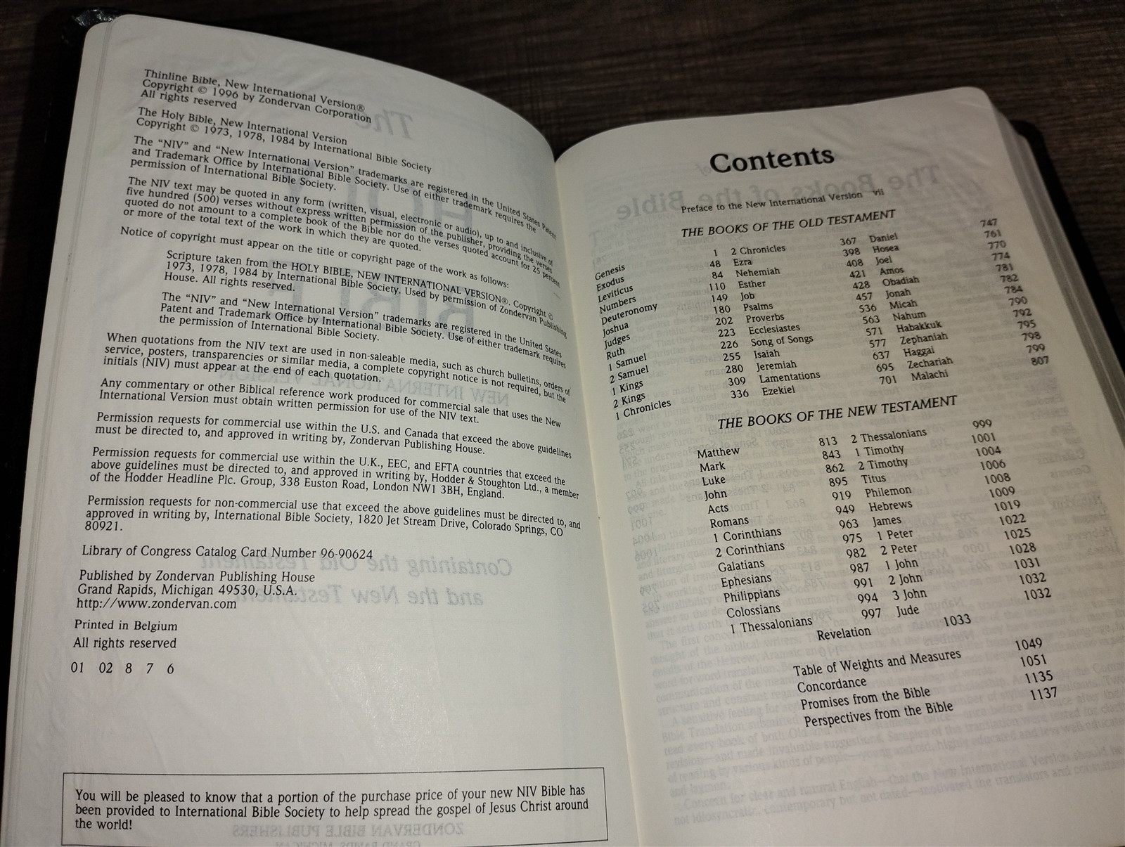NIV Thinline Bible New International Version 1996 Zondervan Bonded Leather Bound