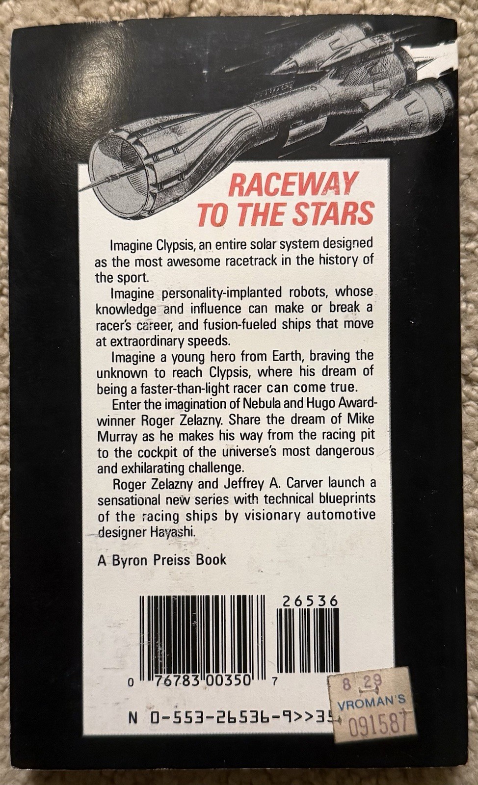 ROGER ZELAZNY’S ALIEN SPEEDWAY BOOK 1: CLYPSIS BY JEFFREY CARVER 1987 BANTAM PB