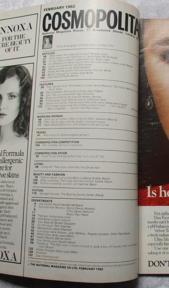 Cosmopolitan February 1982 ~Goldie Hawn by Denis Piel ~ James Joyce ~Paula Yates