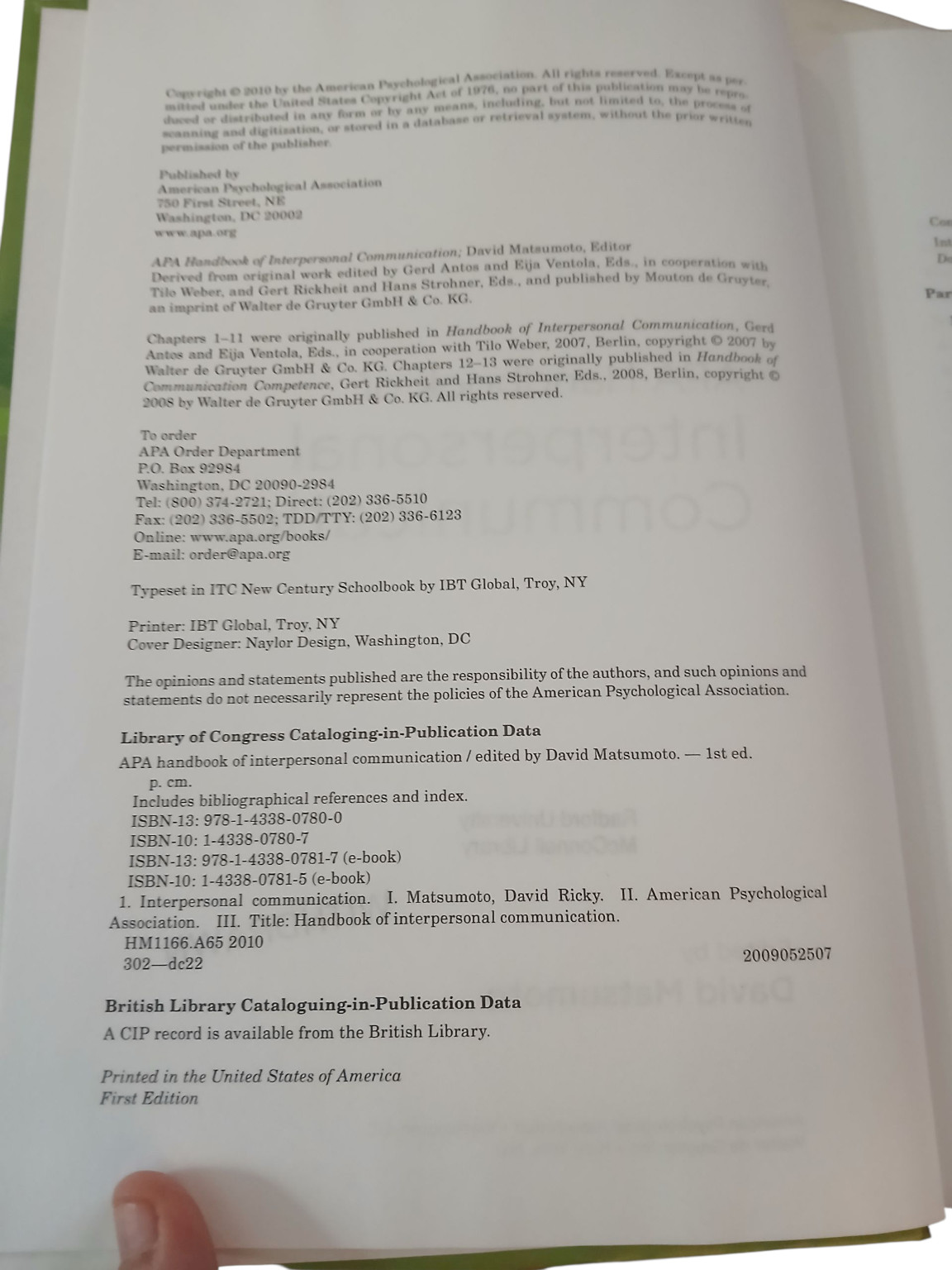 APA Handbook of Interpersonal Communication David Matsumoto 2010 First Edition