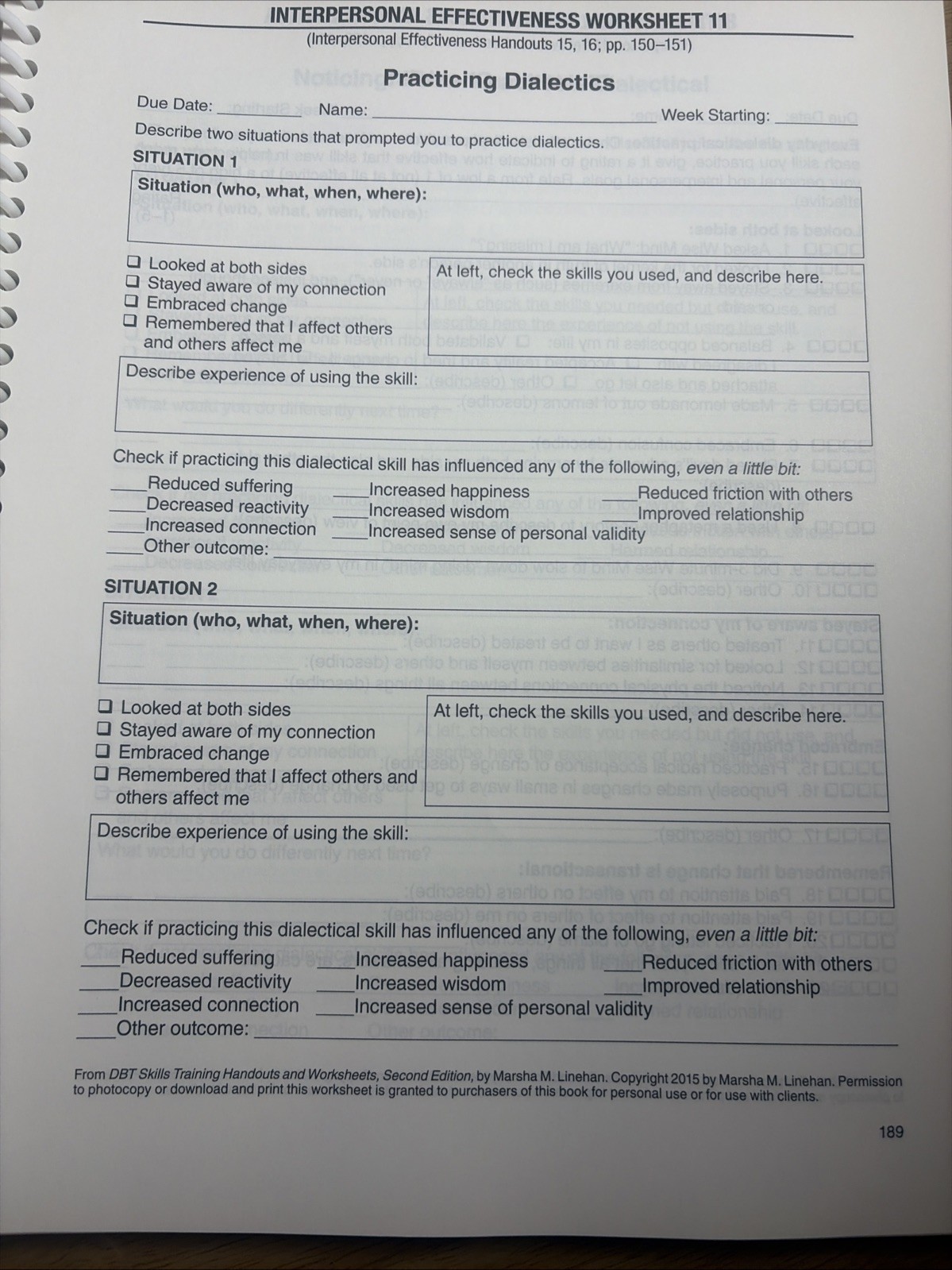 2015 Marsha Linehan DBT Skills Training 2nd Edition Handouts & Worksheets VG+