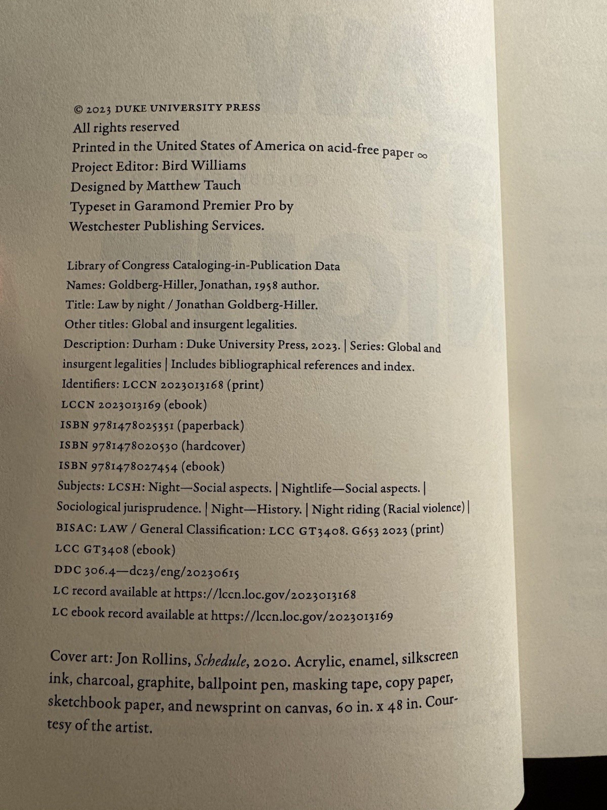 Law By Night Jonathan Goldberg-Hiller 2023 Duke University Press Legal Studies