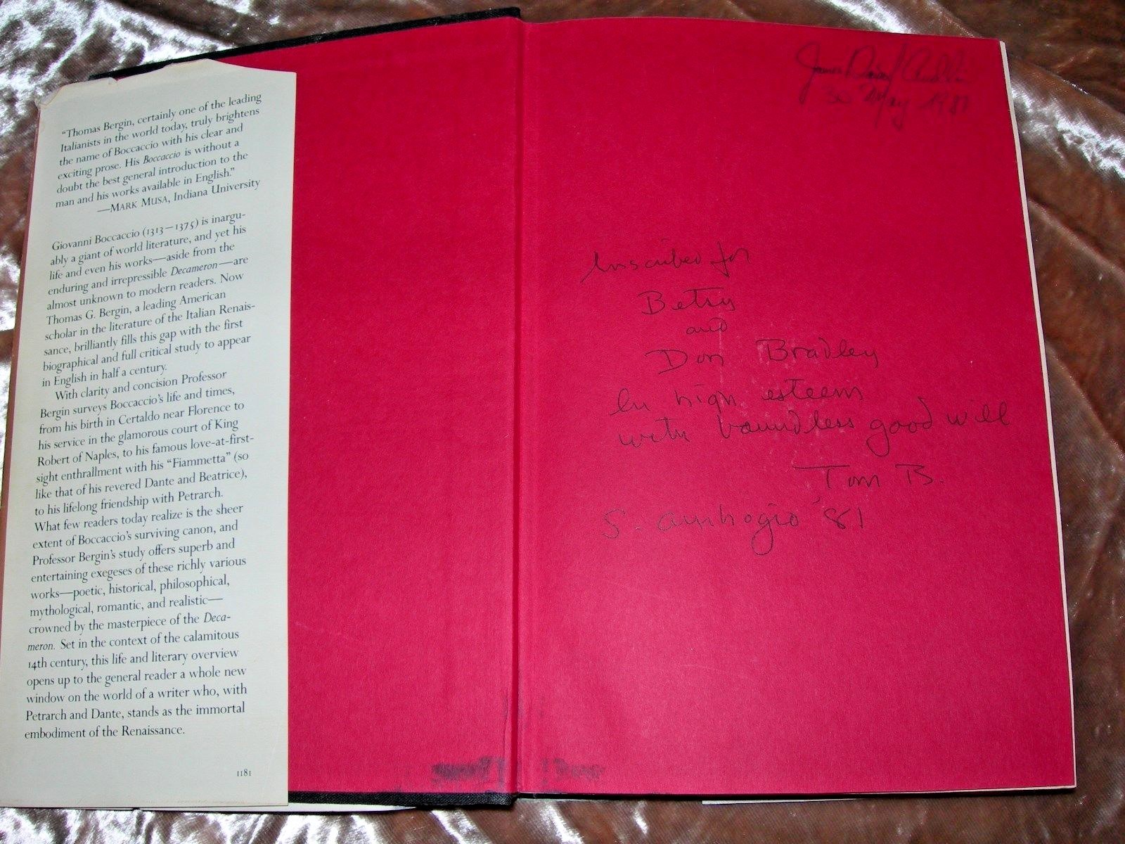 Boccaccio by Thomas G. Bergin 1981, Hardcover with Dust Jacket Signed Inscribed