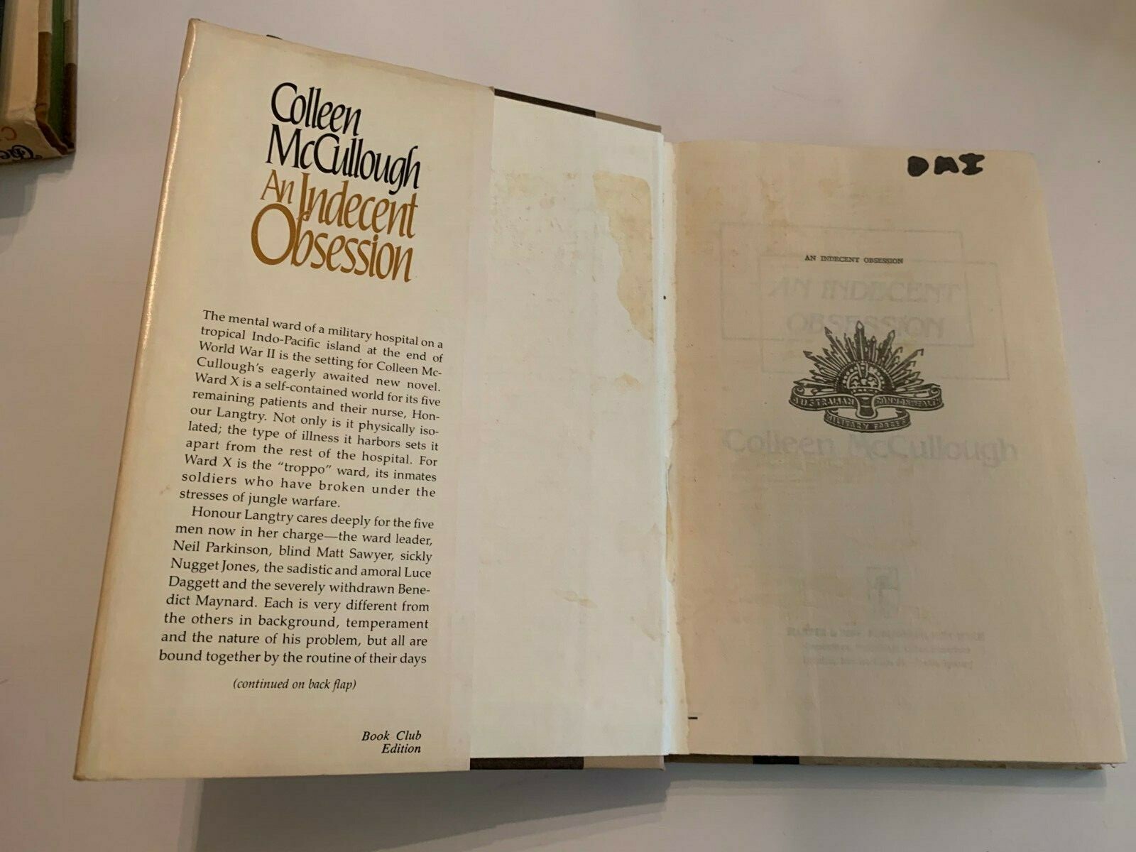 1981 An Indecent Obsession by Colleen McCullough Hardcover With Dust Jacket
