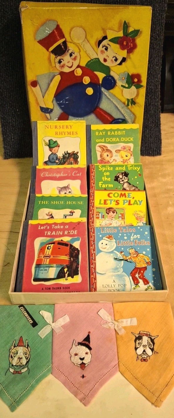 ANTQ Tom Thumb Books Rand McNally Lot 1943 1949 Nursery Rhymes Linen Dog Hankies