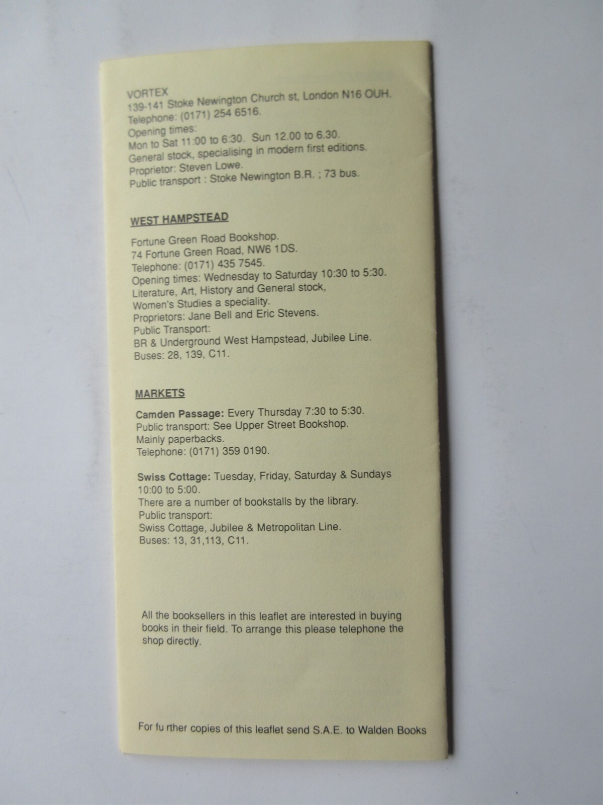 Antiquarian Rare & Second-Hand Bookshops in North London brochure pamphlet