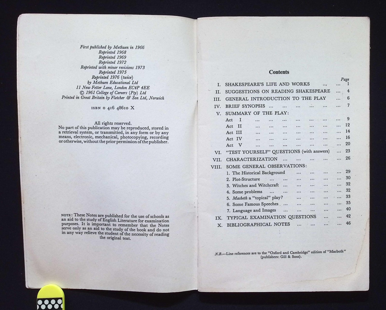 Study-Aids : Notes on Shakespeare’s Macbeth, 1976 Reprint Methuen Educational PB