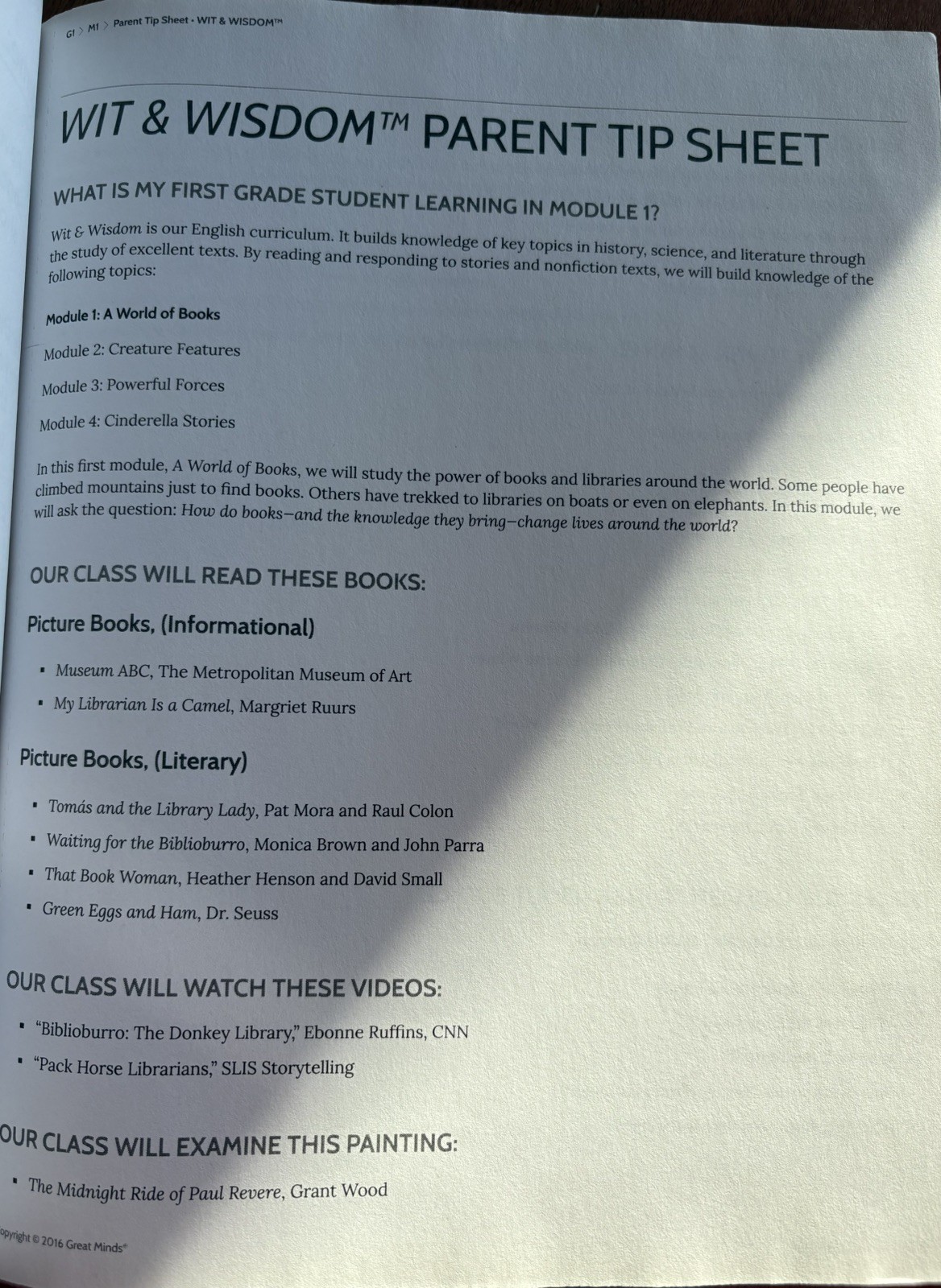 Great Minds Module 1: A World of Books; Wit & Wisdom Grade 1, Student Edition
