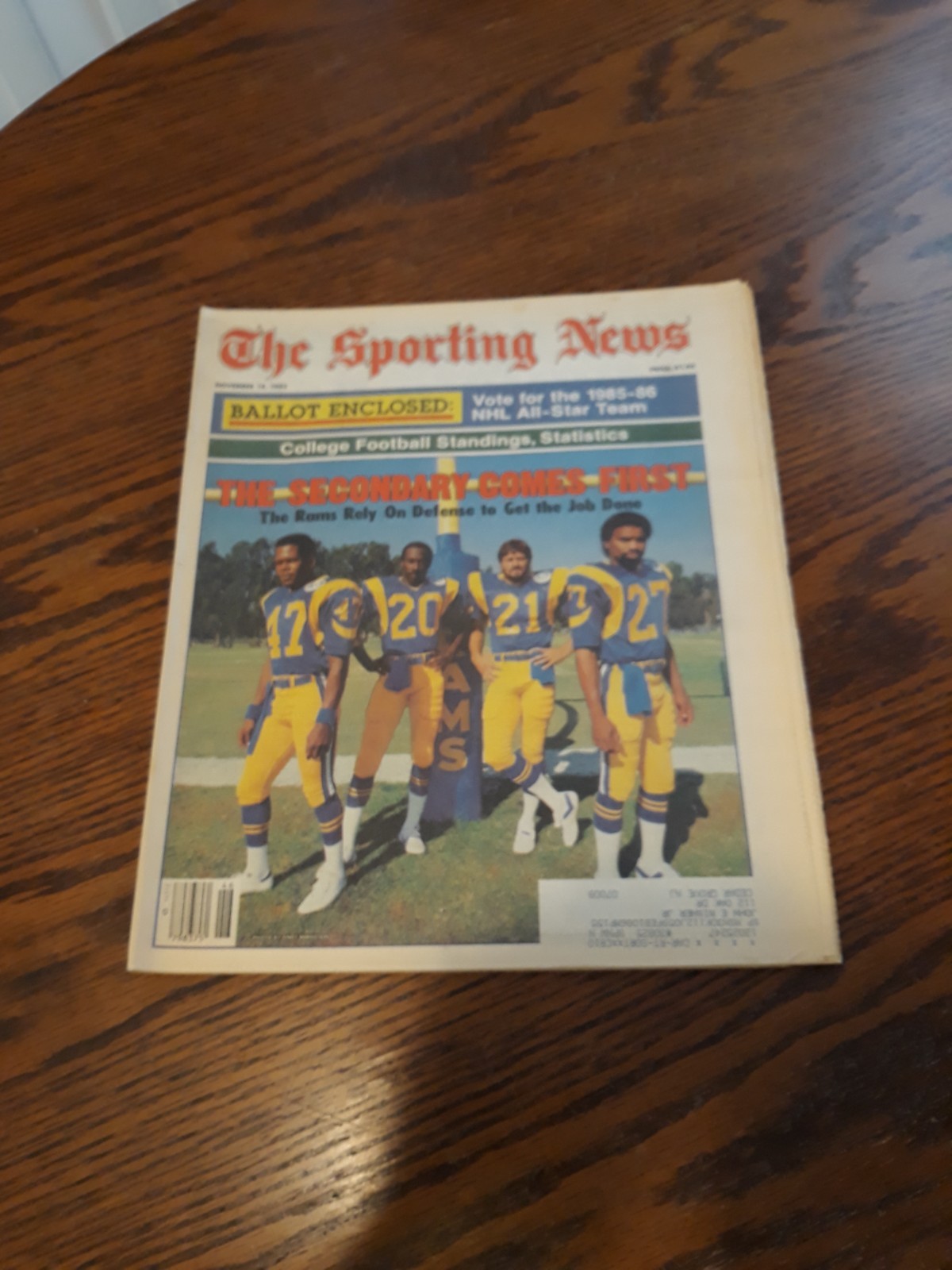 NOVEMBER 18,1985-THE SPORTING NEWS-LOS ANGELES RAMS SECONDARY(NM)